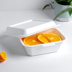 White food container with orange slices