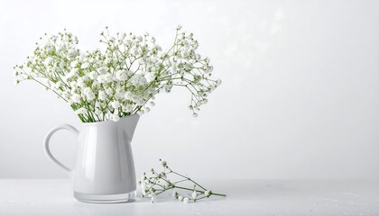 White flowers in a pitcher on a white table