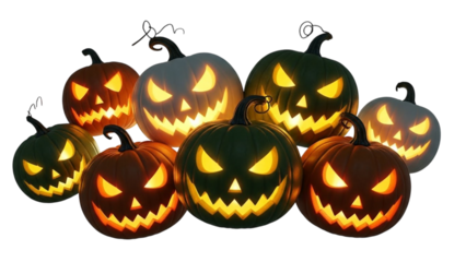 Spooky carved orange pumpkin jack-o-lantern decoration isolated on a dark black background for the Halloween season