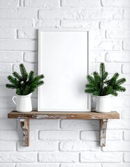 White frame on wooden shelf, decorated with sprigs