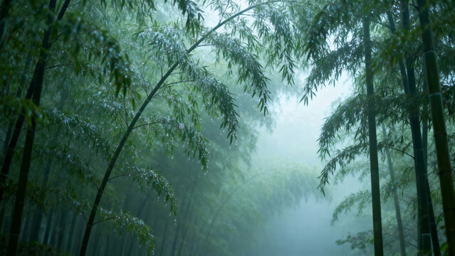 Misty bamboo forest with tall green stalks and dense foliage shrouded in fog