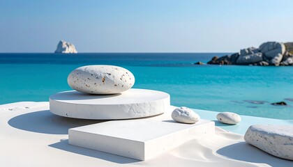 White geometric podiums by the ocean