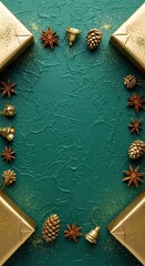 Symmetrical Holiday Flat Lay with Gold Gift Boxes, Pinecones, Bells, and Glitter on Green Background