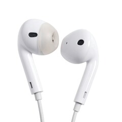 White in-ear headphones against a plain white background