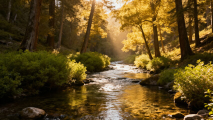Obraz premium Sunlight filtering through trees illuminates a serene forest stream surrounded by greenery and rocks
