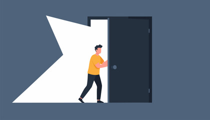 Obraz premium Man Opening a Door – Modern Flat Vector Illustration