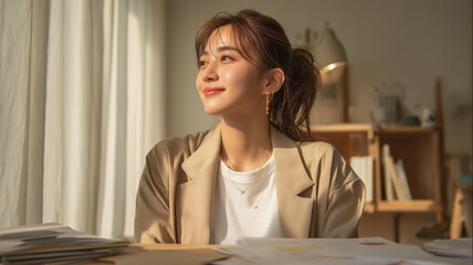 日本人の女性が窓際に立ち、穏やかな笑みを浮かべる姿