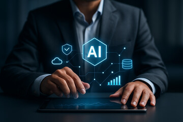 AI generated digital interface with hologram AI icons data links and analytics elements floating above a device held by a professional creating a modern smart business and tech driven environment