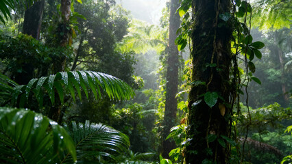 Sunlight filtering through dense canopy in a lush tropical rainforest with tall trees and vibrant green foliage