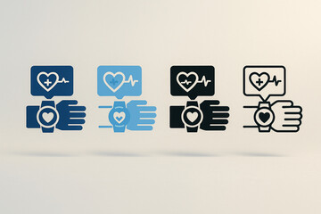 AI generated minimal icon set of smartwatch health monitoring showing heart rate pulse and wearable tracking symbols in four modern styles suitable for digital health app design fitness interface use