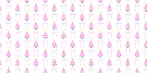 Cute pink Christmas tree and coquette bow seamless pattern on white background, perfect for festive holiday decor, wrapping paper, and seasonal aesthetic designs.