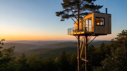 Tiny house on tall tree, panoramic forest view, sunset lighting, minimalist concept