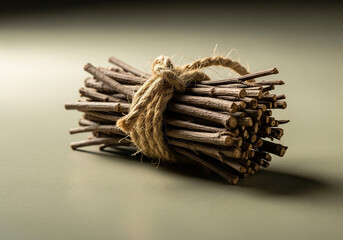 A rustic bundle of natural wooden twigs tied tightly together with a thick jute rope