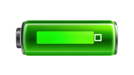 Green glossy battery icon showing medium charge level, power, energy and technology status with transparent background