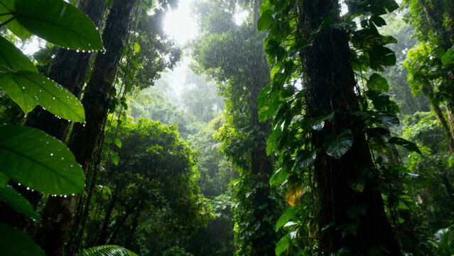 Sunlight filtering through dense canopy in a lush tropical rainforest with mist and green foliage