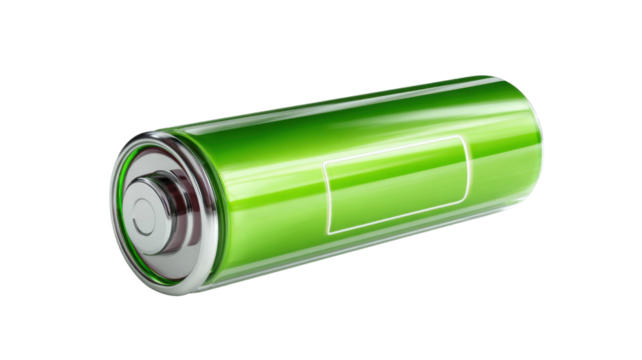 Green battery presenting full charge, symbolizing renewable energy, power, sustainability, and technological innovation