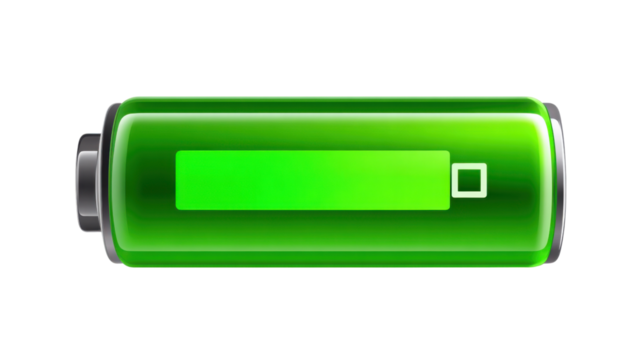 Green glossy battery icon showing medium charge level, power, energy and technology status with transparent background