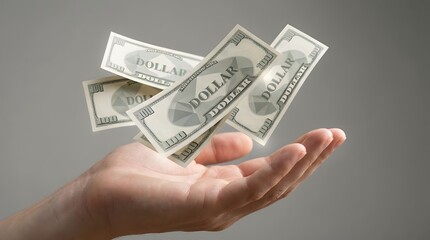 Hand holding floating dollar bills against neutral background. Abstract financial concept illustrating wealth, money flow, savings, investment  or economic growth in a minimalist style.