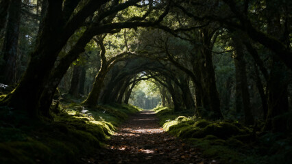 Naklejka premium A moss-covered forest path lined with arching trees forming a natural tunnel, illuminated by soft light at the end.