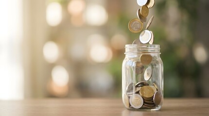Coins captured mid-air falling into a clear glass jar against a soft bokeh background. Clean, minimal financial concept representing savings, investment growth, budgeting and wealth planning.