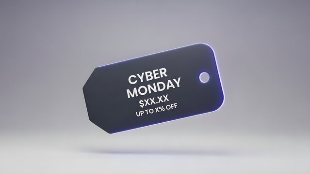 A dark grey price tag with "CYBER MONDAY" and discount details floating against a light grey background.