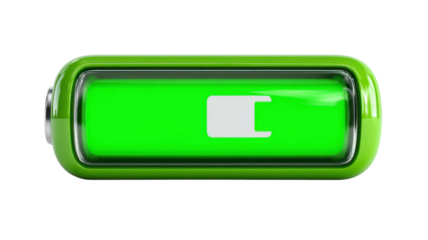 Green battery icon displaying full charge level, symbolizing power, energy, and digital technology on transparent background