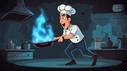 A male chef in uniform frantically handles a cooking pan engulfed in bright blue flames, an illustration of a culinary mishap
