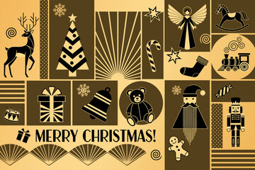 Obraz premium Christmas greetings, holiday themed patchwork collage with festive symbols and icons in Art Deco style