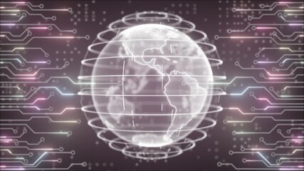 colourful rotating hi tech hologram globe with motherboard chip big data hi tech design loop able dark technology background  - Powered by Adobe