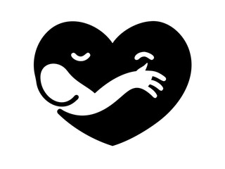 Heart shape with hugging arms, simple black and white logo design. Negative space yin yang style symbol. Cute vector illustration.icon

