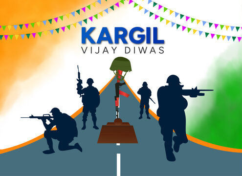 Kargil Vijay Diwas featuring an Indian Army soldier silhouette, tricolor theme, memorial tribute, and battlefield atmosphere. Ideal for Independence Day, Republic Day, Indian military posters - Powered by Adobe