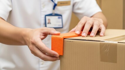 Packaging cardboard boxes with orange corner protectors for shipping and moving supplies safely secure