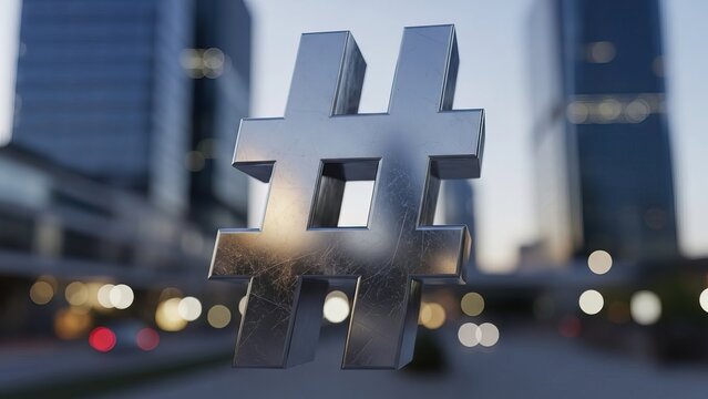 Silver hashtag symbol social media marketing strategy in urban city background for online promotion campaign