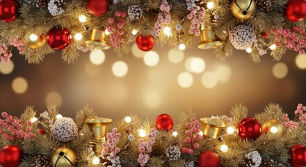 Festive Christmas Frame with Baubles, Bells, Pinecones, and String Lights on Warm Bokeh Background