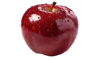 Red apple with refreshing water drops on skin, showing fresh healthy organic fruit produce, transparent background