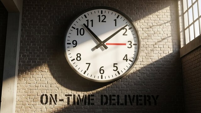 On time delivery service clock on brick wall time management and efficiency in business and logistics