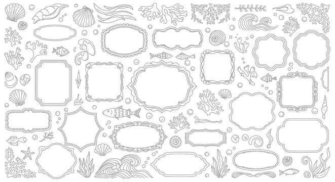 Collection of Sea-Themed Frames and Marine Life Illustrations.