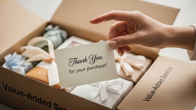 Ecommerce thank you card in box with gifts for purchase online retail customer service value added service