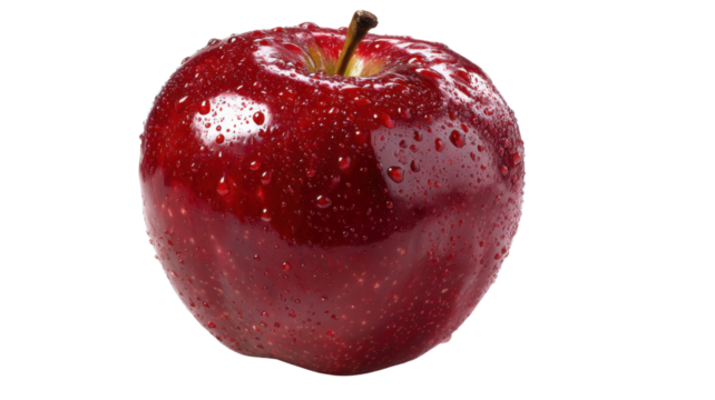 Red apple with refreshing water drops on skin, showing fresh healthy organic fruit produce, transparent background