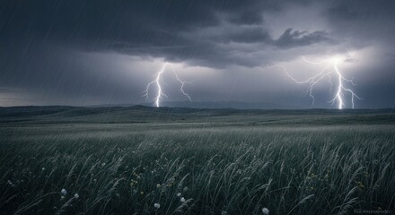 Dramatic lightning storm over a grassy plain, showcasing a moody landscape during a rain shower.