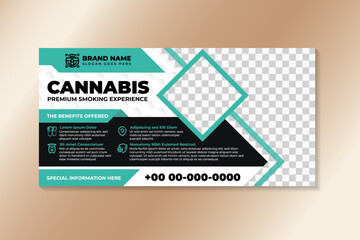 cannabis premium smoking experience banner with photo space on white background. t-shirt and bag, delivery truck and in pot in isolated vector illustration for hemp medical use concept.