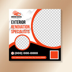 Exterior Home Renovation specialist Social Media Post and Web Banner Template Design. Square banner with space for photo collage. 