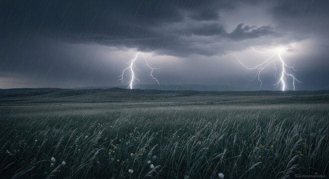 Dramatic lightning storm over a grassy plain, showcasing a moody landscape during a rain shower. - Powered by Adobe