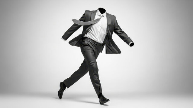 Black and white concept of an invisible businessman in a classic suit walking energetically, isolated on transparent background for professional projects.