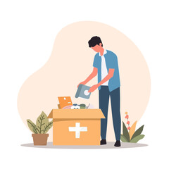 Caring Man Donating Items into Charity Box