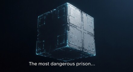 A futuristic, metallic cube-shaped prison structure dominates a dark, ominous background.