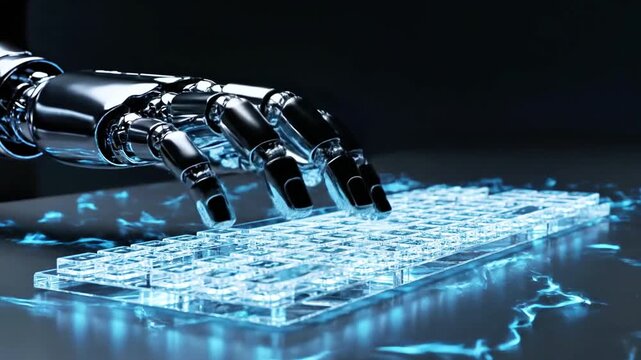 Cybernetic hand hovering over a glowing keyboard, with blue ethereal flames emanating