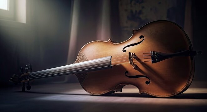 A wooden cello lies on a wooden floor, lit by a beam of light from a window, creating a dramatic and moody atmosphere.
