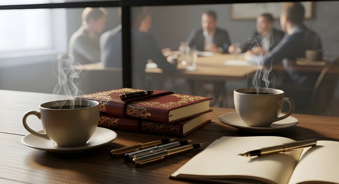 Two steaming cups of coffee sit on a wooden table next to books and a notebook