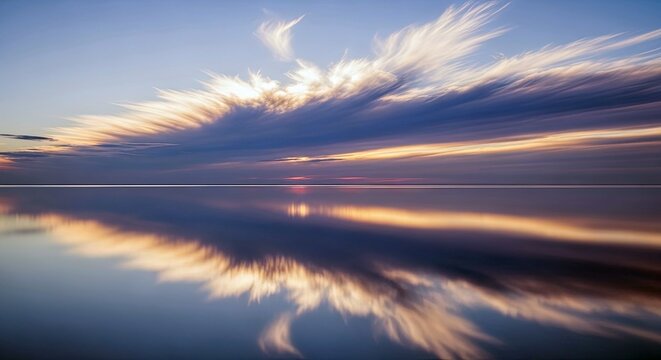 A tranquil scene of a cloudscape reflected in calm water at sunset. The sky is filled with dramatic clouds, and the water mirrors the colors and shapes above.